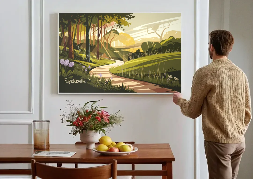 Fayetteville Scenic Trails canvas wall art above a dining table