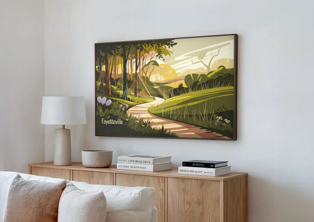 Fayetteville Scenic Trails canvas wall art above a wooden sideboard next to a sofa
