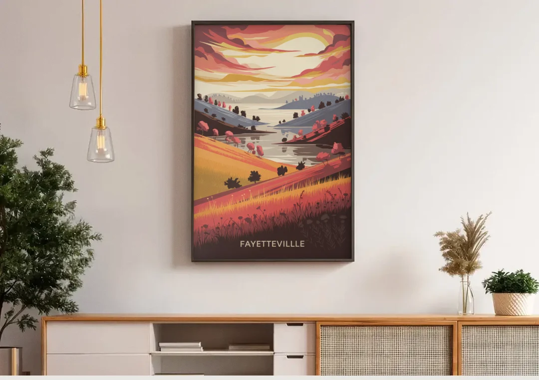 Fayetteville Sunset Views canvas wall art above a wooden sideboard under pendant lights
