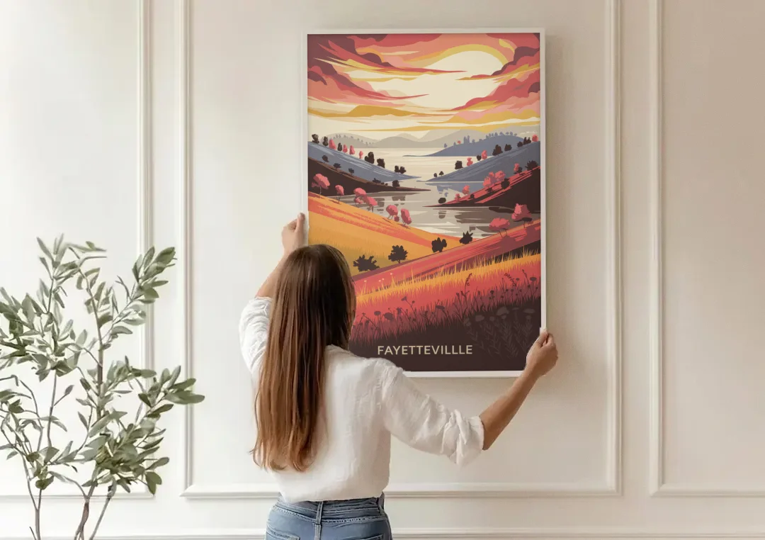 Fayetteville Sunset Views canvas wall art being hung on a paneled wall