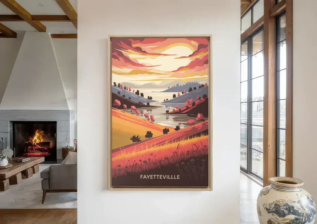 Fayetteville Sunset Views canvas wall art in a living room with a fireplace