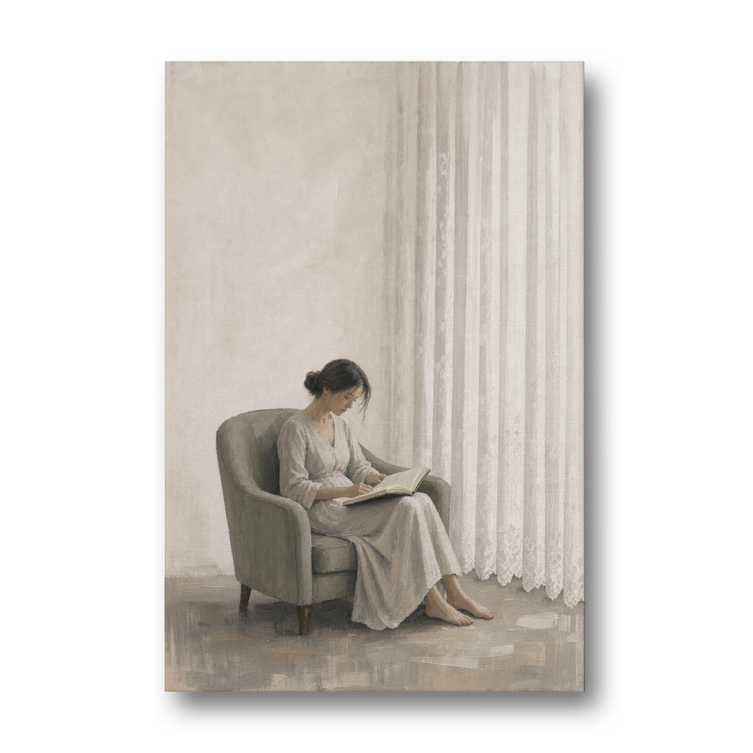 Feminine Wall Art Reader in the Sage Armchair - Canvas Wall Art - Front