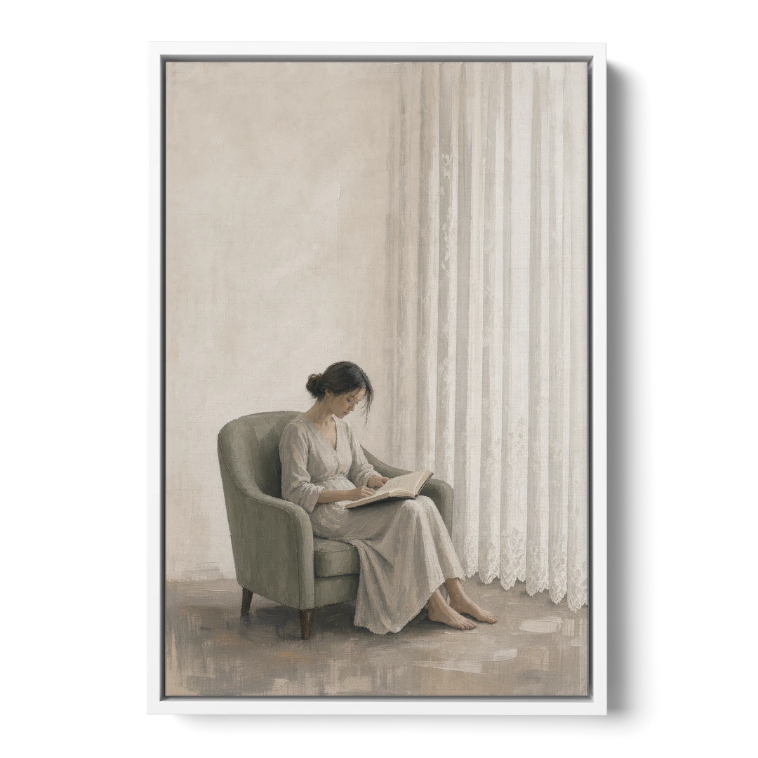 Feminine Wall Art Reader in the Sage Armchair - White Framed Canvas Wall Art - Front