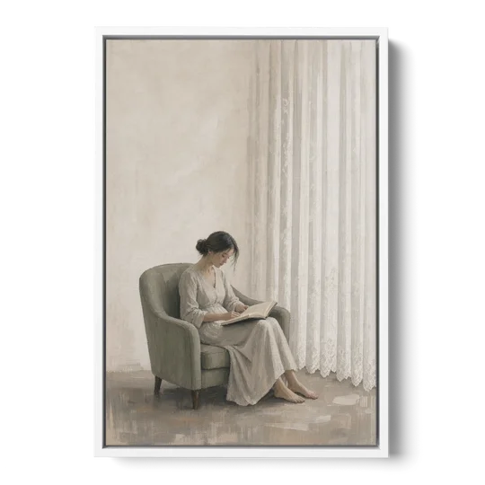 Feminine Wall Art Reader in the Sage Armchair - White Framed Canvas Wall Art - Front