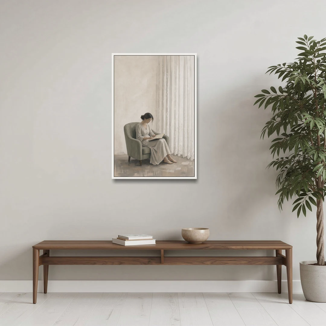 Feminine Wall Art Reader in the Sage Armchair - White Framed Canvas Wall Art - Coffee Table - 24x36