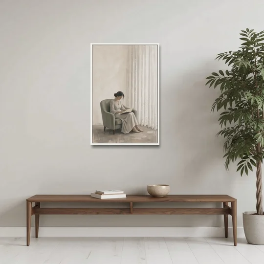Feminine Wall Art Reader in the Sage Armchair - White Framed Canvas Wall Art - Coffee Table - 24x36