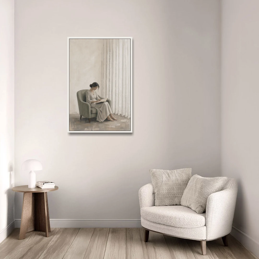 Feminine Wall Art Reader in the Sage Armchair - White Framed Canvas Wall Art - Sofa - 24x36