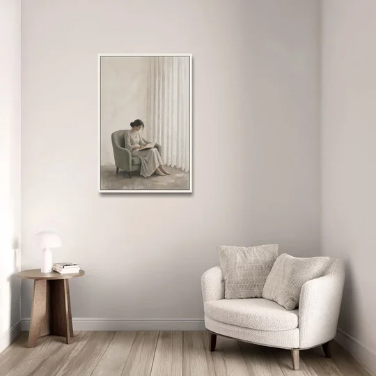 Feminine Wall Art Reader in the Sage Armchair - White Framed Canvas Wall Art - Sofa - 24x36