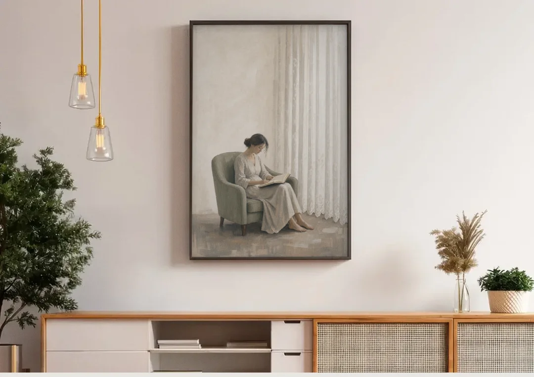 Feminine Wall Art Reader in the Sage Armchair canvas wall art above a wooden sideboard under pendant lights
