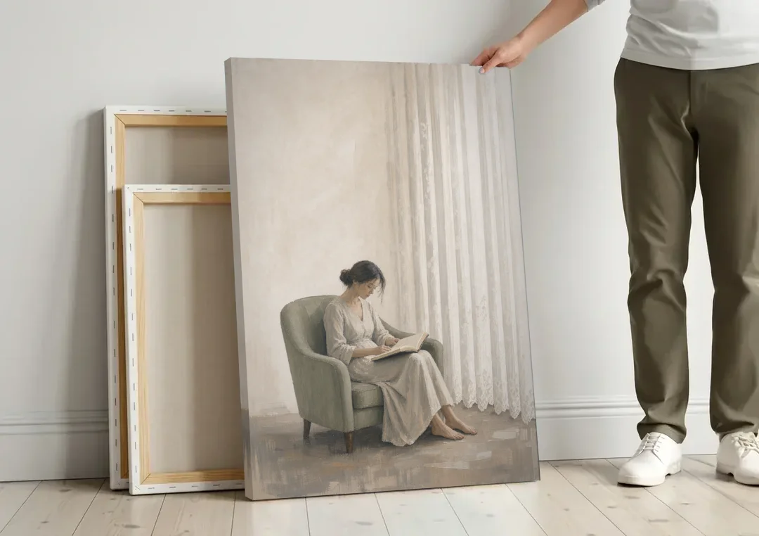 Feminine Wall Art Reader in the Sage Armchair canvas wall art leaning against a wall next to blank canvases