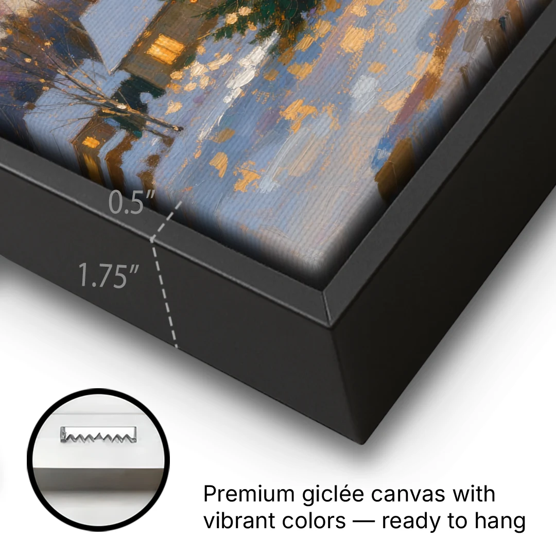 Festive Wall Art Tree in the Village Square - Black Framed Canvas Wall Art - Gallery Wrap Corner