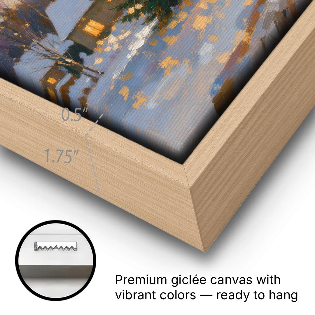 Festive Wall Art Tree in the Village Square - Oak Framed Canvas Wall Art - Gallery Wrap Corner