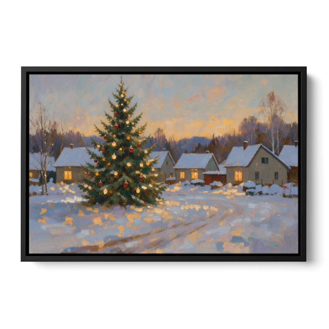 Festive Wall Art Tree in the Village Square - Black Framed Canvas Wall Art - Front