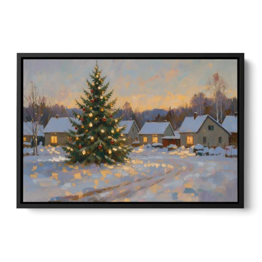 Festive Wall Art Tree in the Village Square - Black Framed Canvas Wall Art - Front