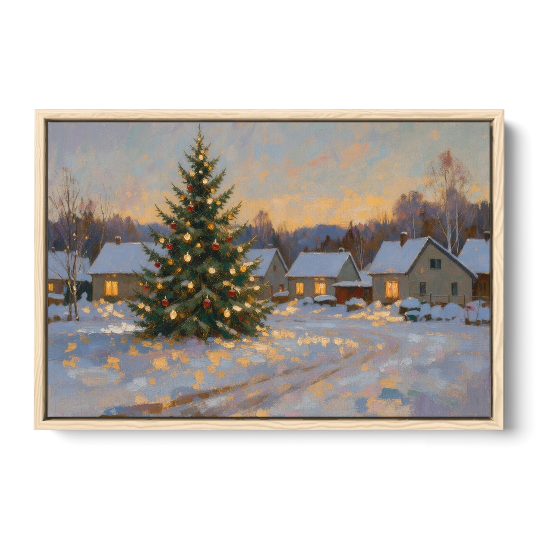 Festive Wall Art Tree in the Village Square - Oak Framed Canvas Wall Art - Front