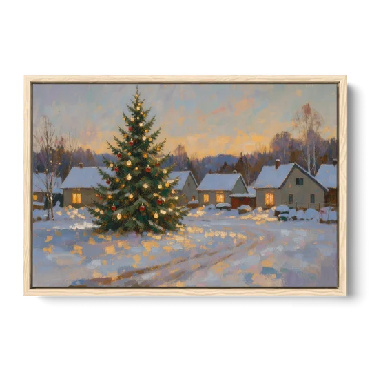Festive Wall Art Tree in the Village Square - Oak Framed Canvas Wall Art - Front