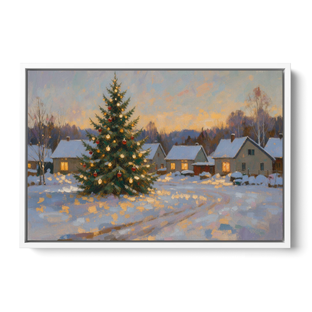Festive Wall Art Tree in the Village Square - White Framed Canvas Wall Art - Front