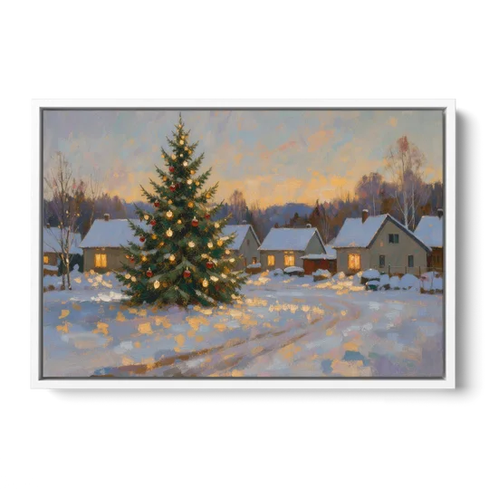 Festive Wall Art Tree in the Village Square - White Framed Canvas Wall Art - Front