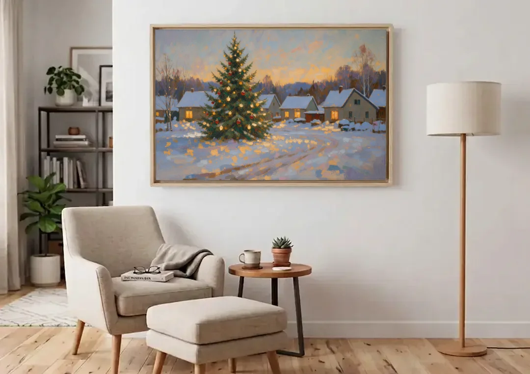 Festive Wall Art Tree in the Village Square canvas wall art above an armchair in a bright living room
