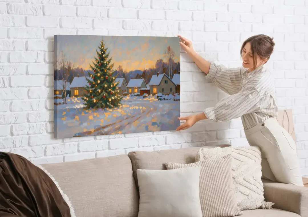 Festive Wall Art Tree in the Village Square canvas wall art being hung on a white brick wall above a sofa