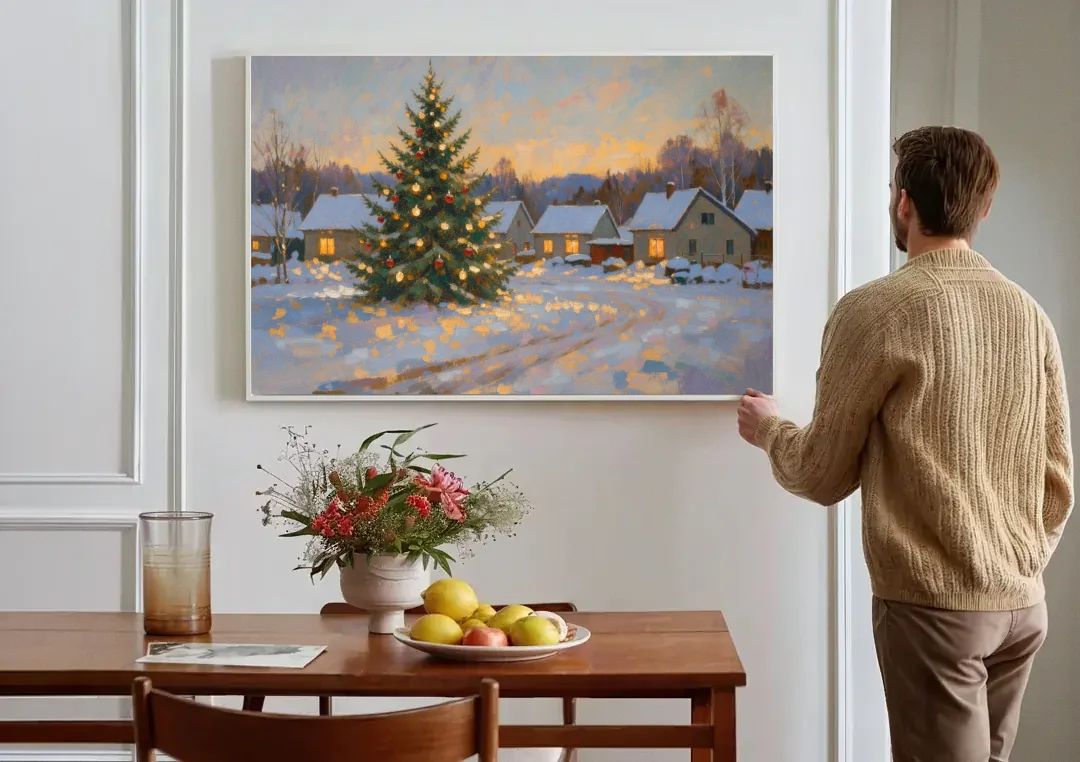 Festive Wall Art Tree in the Village Square canvas wall art above a dining table