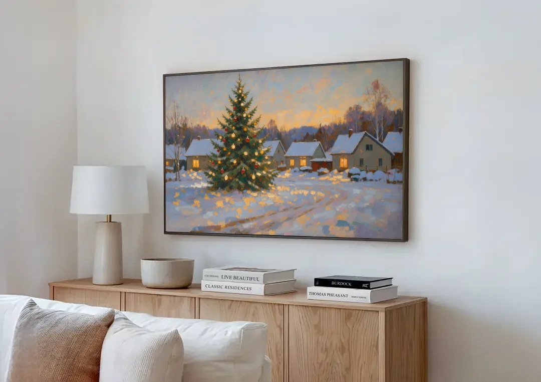 Festive Wall Art Tree in the Village Square canvas wall art above a wooden sideboard next to a sofa