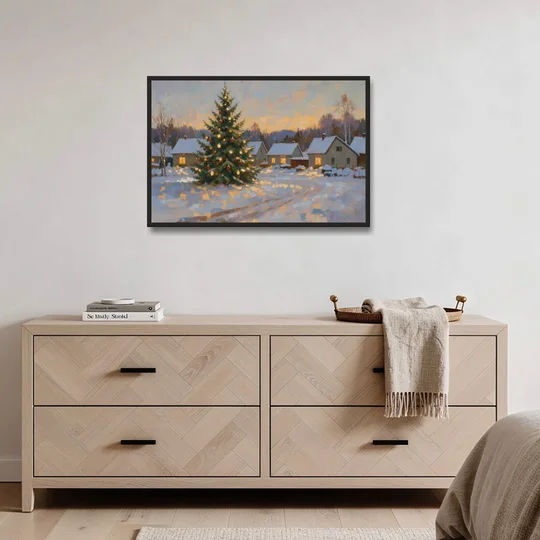 Festive Wall Art Tree in the Village Square - Black Framed Canvas Wall Art - Coffee Table - 36x24