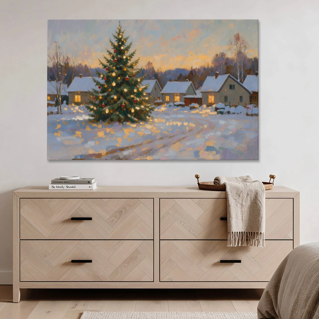Festive Wall Art Tree in the Village Square - Canvas Wall Art - Coffee Table - 60x40