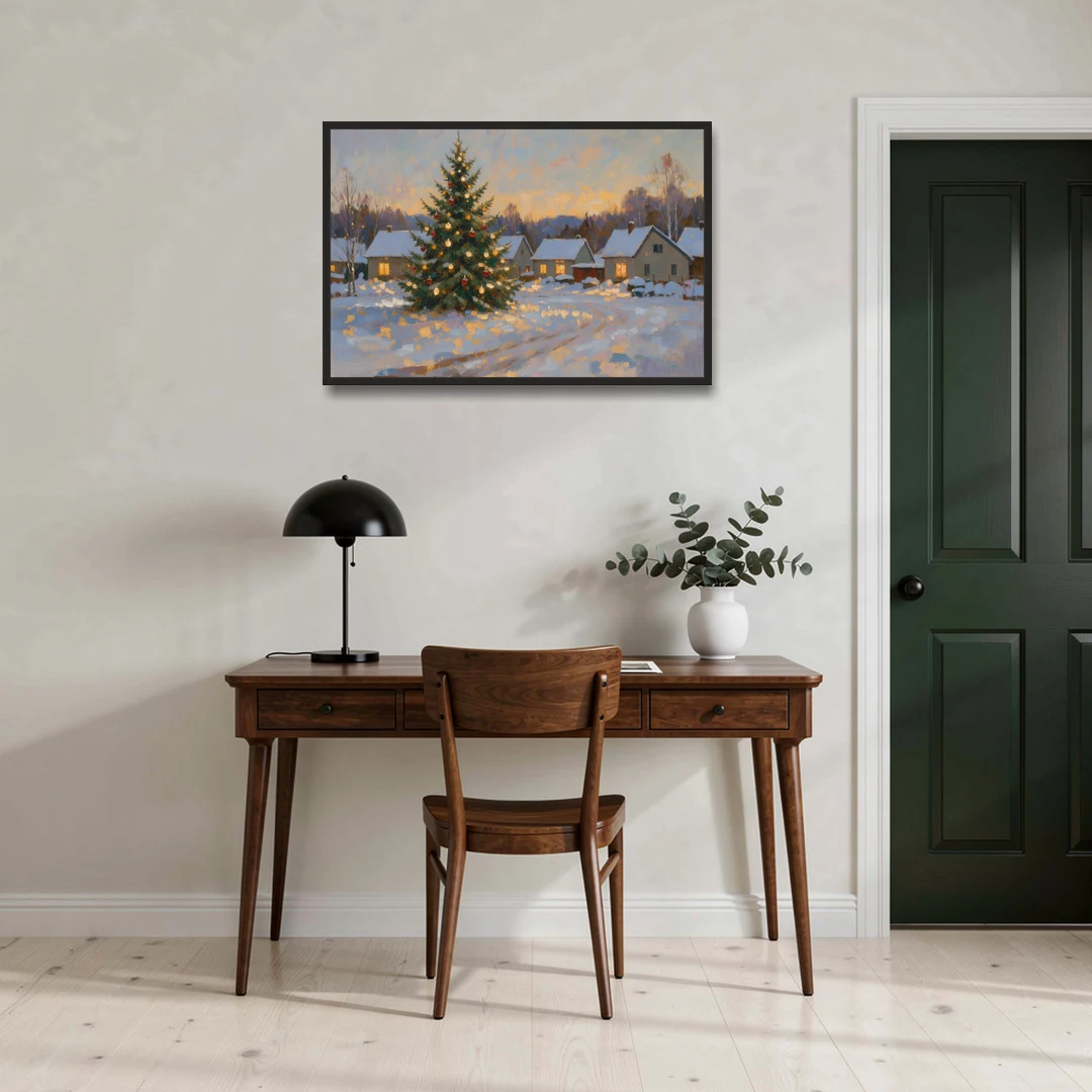 Festive Wall Art Tree in the Village Square - Black Framed Canvas Wall Art - Office - 36x24