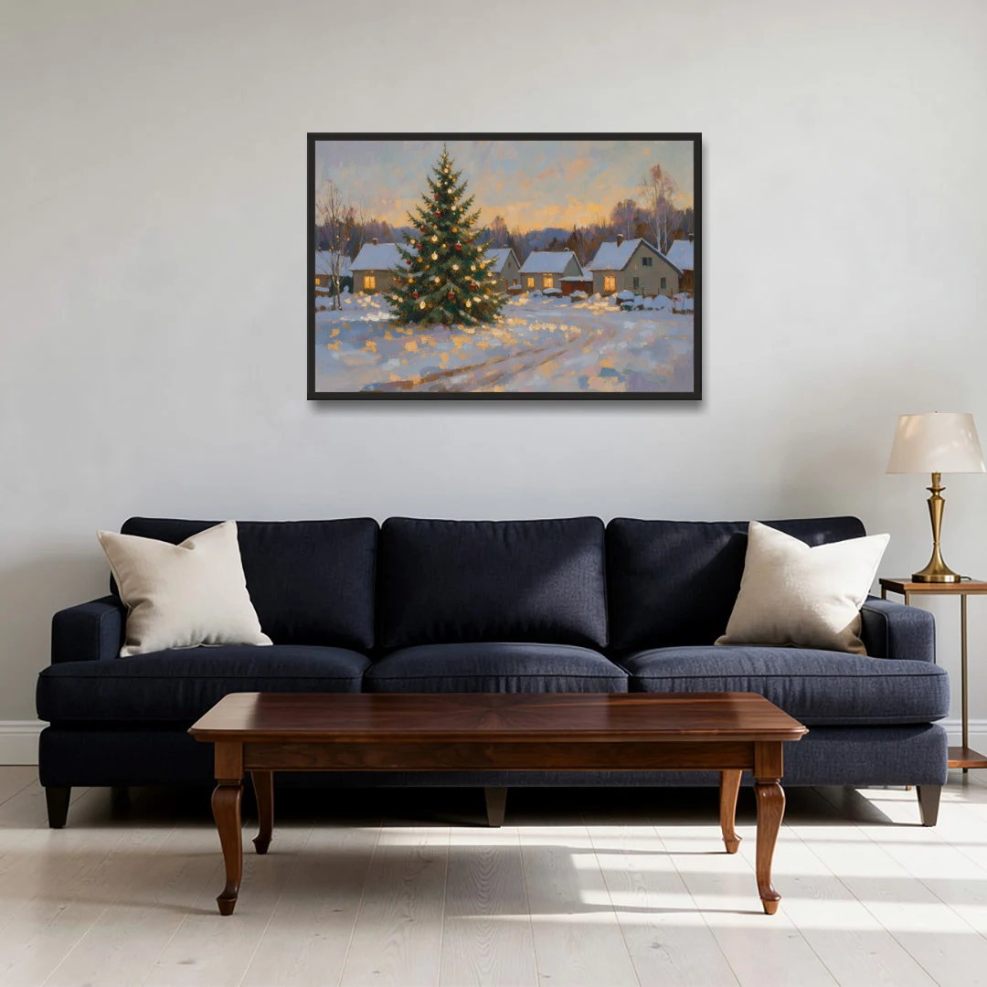 Festive Wall Art Tree in the Village Square - Black Framed Canvas Wall Art - Sofa - 36x24