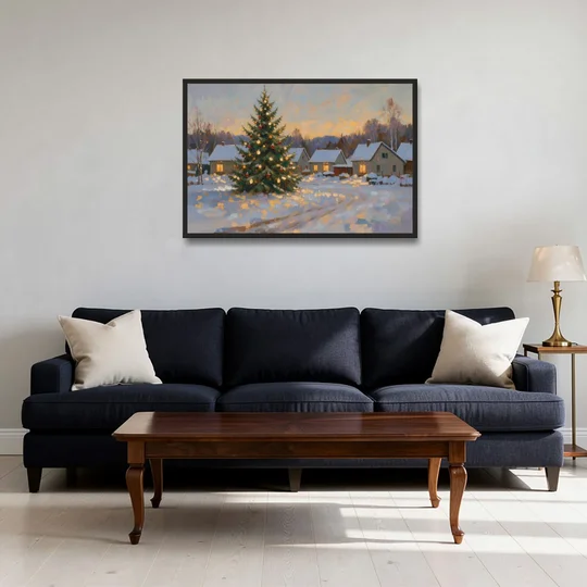 Festive Wall Art Tree in the Village Square - Black Framed Canvas Wall Art - Sofa - 36x24