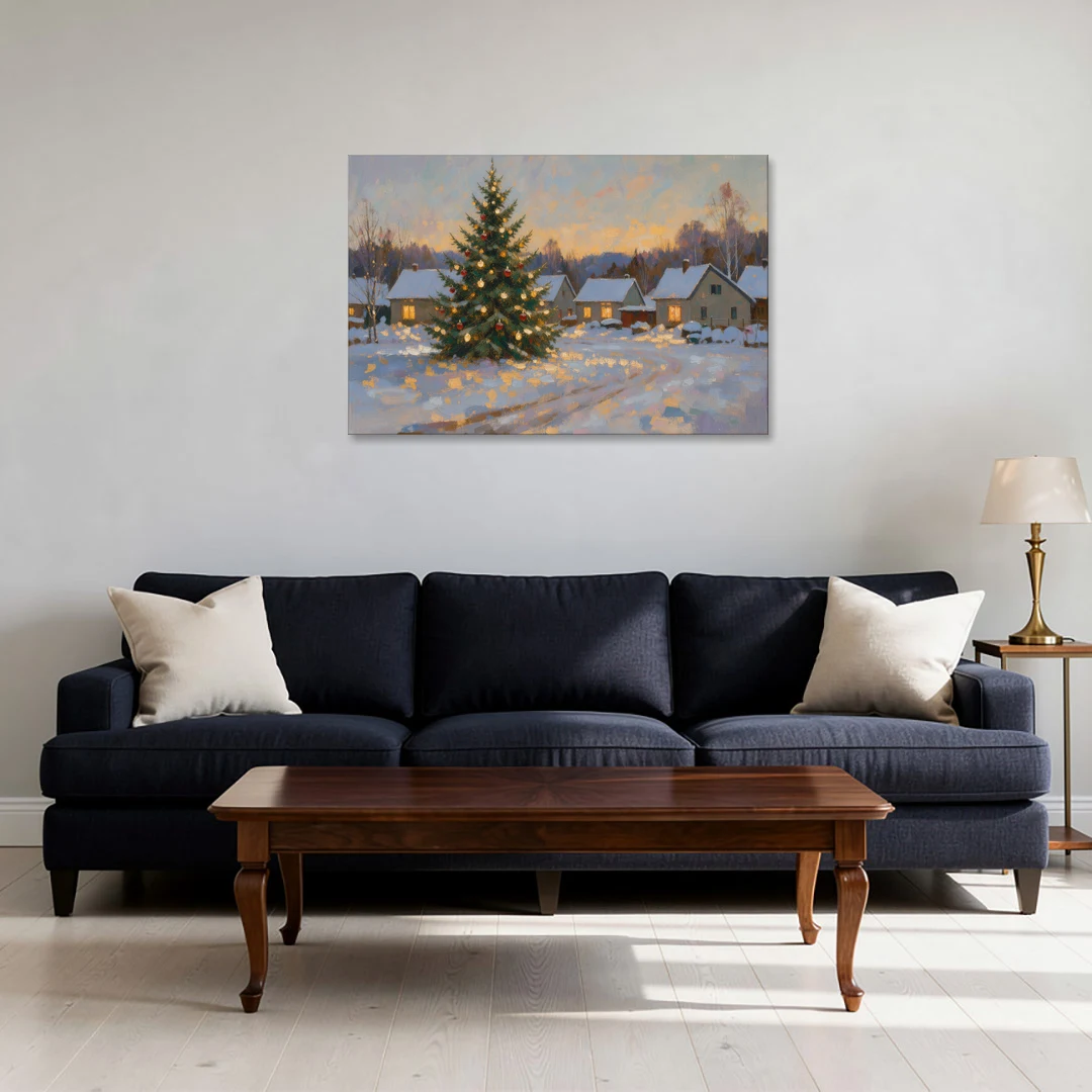 Festive Wall Art Tree in the Village Square - Canvas Wall Art - Sofa - 36x24