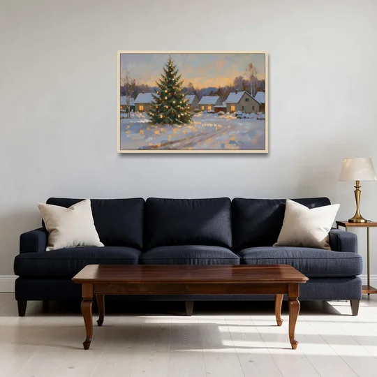 Festive Wall Art Tree in the Village Square - Oak Framed Canvas Wall Art - Sofa - 36x24