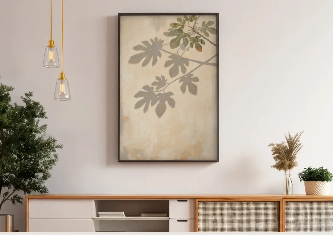 Fig Leaf Shadows on a Sunlit Limewashed Wall canvas wall art above a wooden sideboard under pendant lights