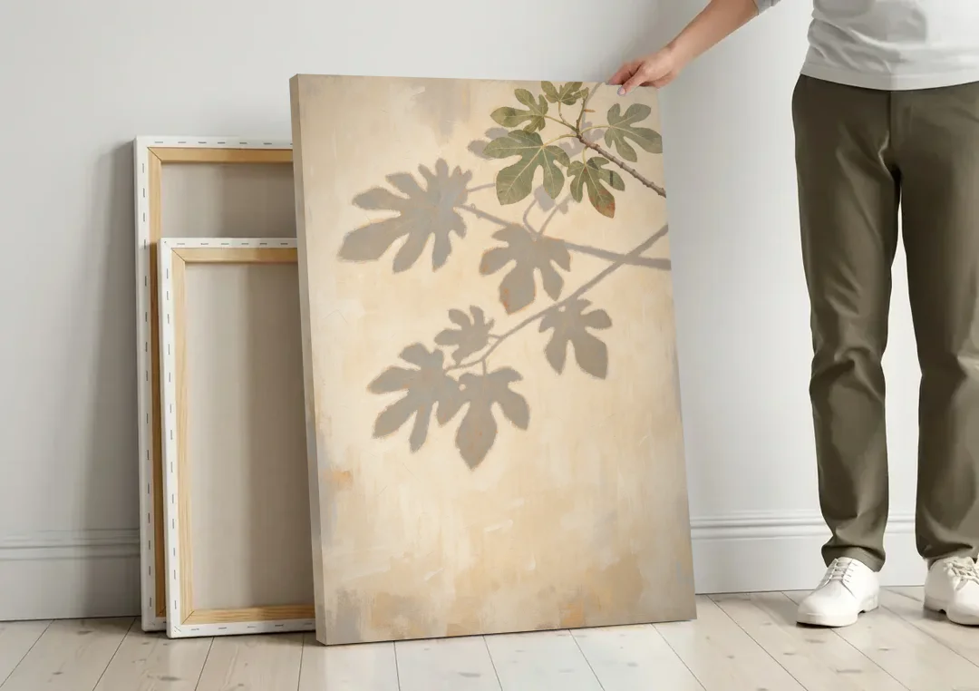 Fig Leaf Shadows on a Sunlit Limewashed Wall canvas wall art leaning against a wall next to blank canvases