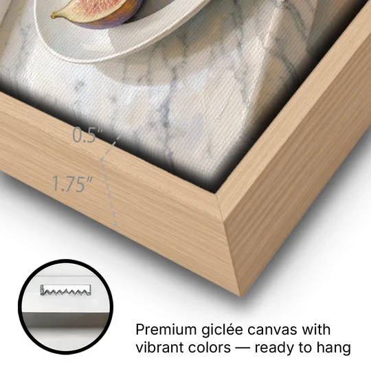 Fig Painting on a Marble Windowsill - Oak Framed Canvas Wall Art - Gallery Wrap Corner