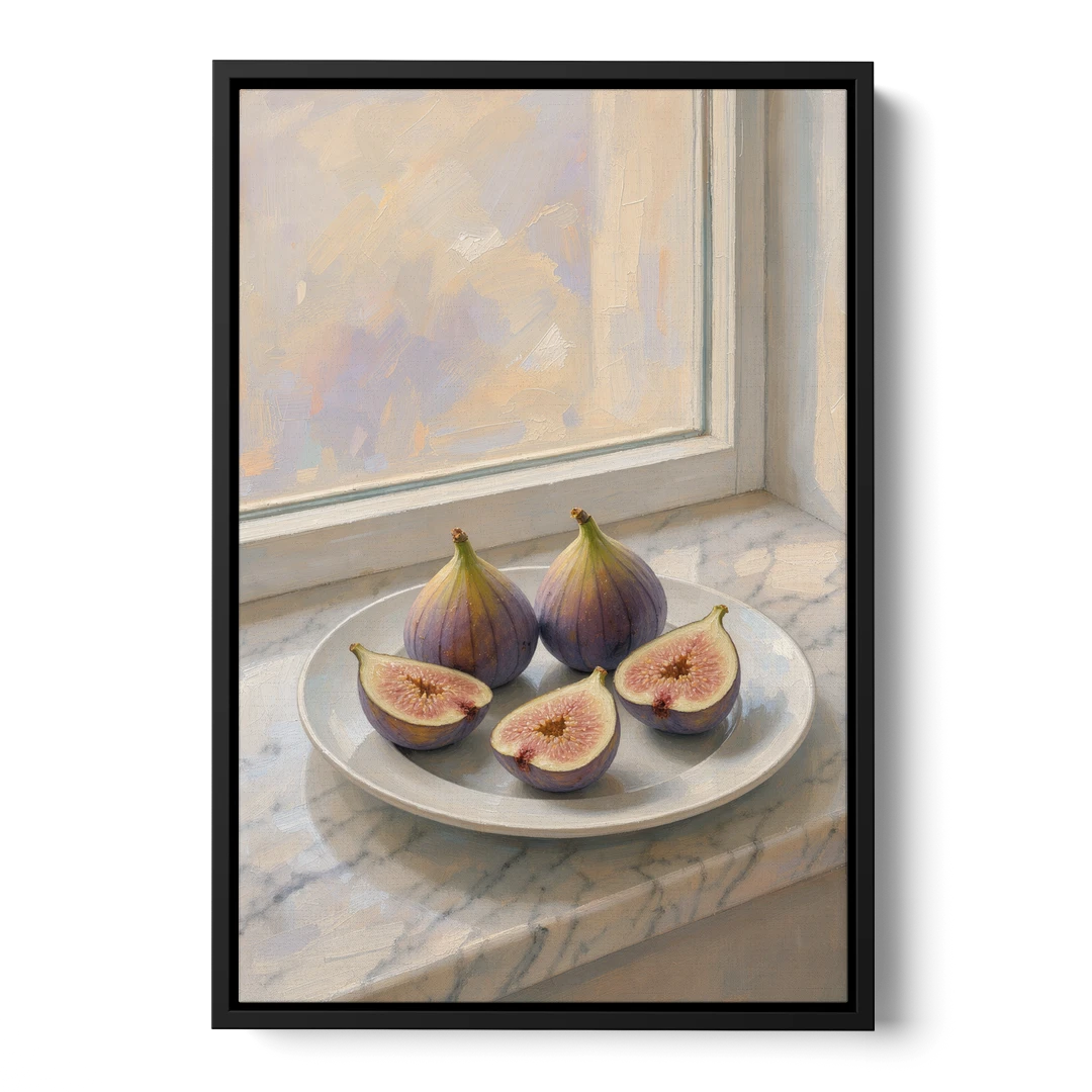 Fig Painting on a Marble Windowsill - Black Framed Canvas Wall Art - Front