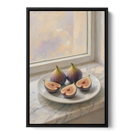 Fig Painting on a Marble Windowsill - Black Framed Canvas Wall Art - Front