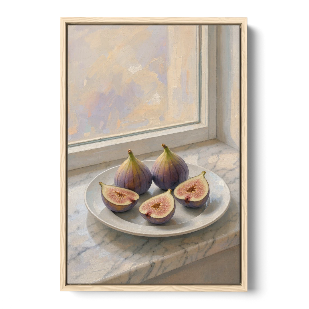 Fig Painting on a Marble Windowsill - Oak Framed Canvas Wall Art - Front