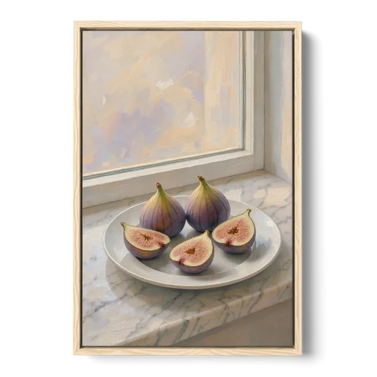 Fig Painting on a Marble Windowsill - Oak Framed Canvas Wall Art - Front