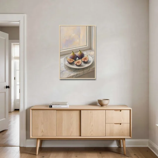 Fig Painting on a Marble Windowsill - Oak Framed Canvas Wall Art - Coffee Table - 24x36
