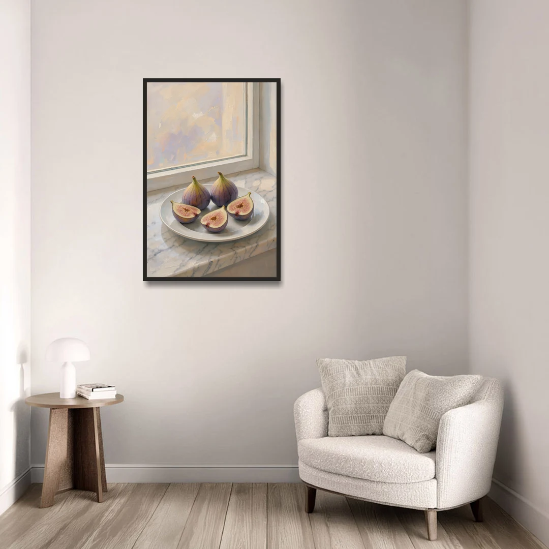 Fig Painting on a Marble Windowsill - Black Framed Canvas Wall Art - Sofa - 24x36