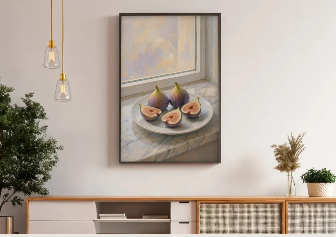 Fig Painting on a Marble Windowsill canvas wall art above a wooden sideboard under pendant lights
