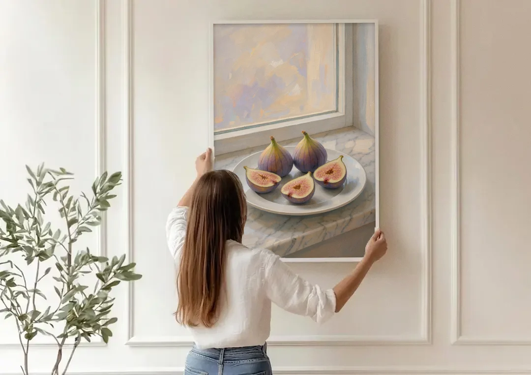 Fig Painting on a Marble Windowsill canvas wall art being hung on a paneled wall
