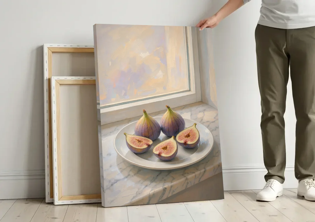 Fig Painting on a Marble Windowsill canvas wall art leaning against a wall next to blank canvases