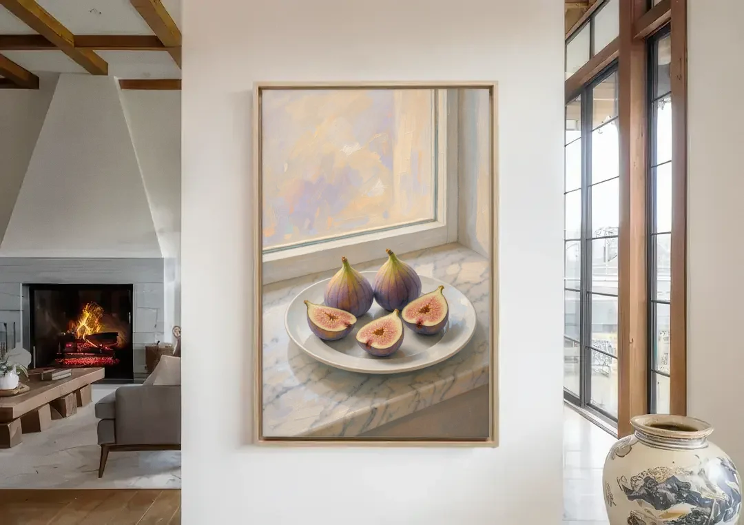Fig Painting on a Marble Windowsill canvas wall art in a living room with a fireplace