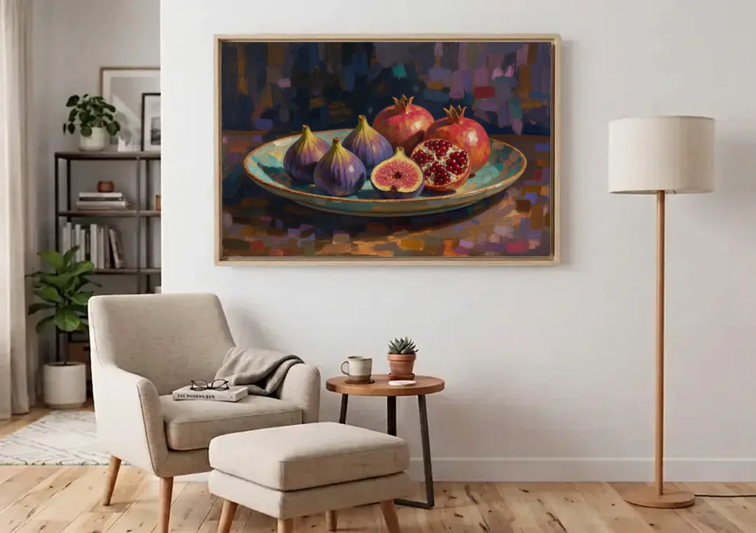 Figs and Pomegranates for the Dining Room canvas wall art above an armchair in a bright living room