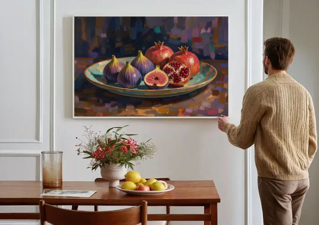 Figs and Pomegranates for the Dining Room canvas wall art above a dining table