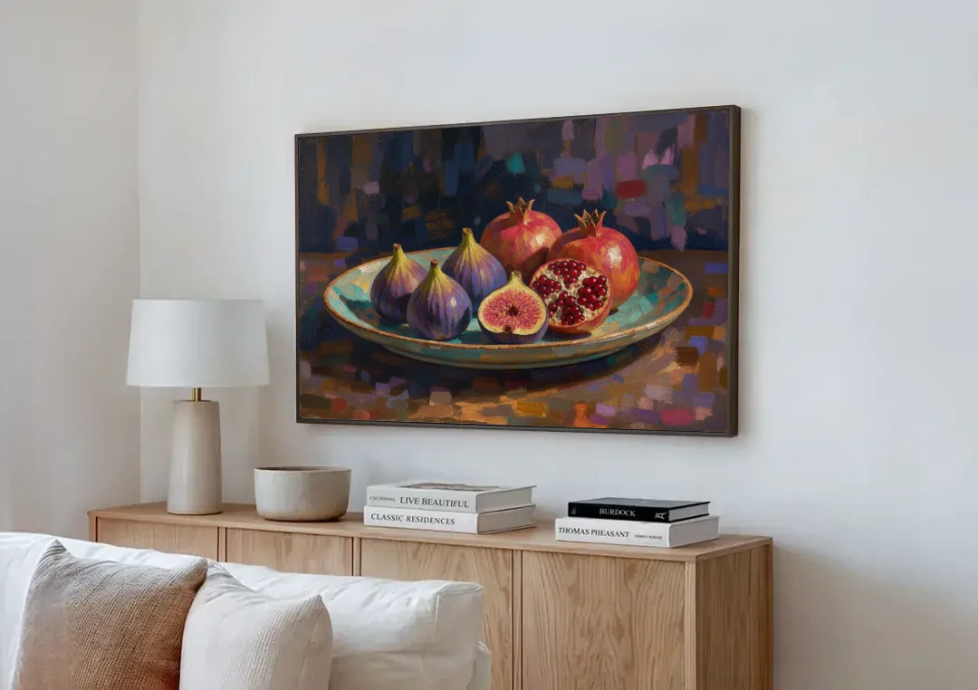 Figs and Pomegranates for the Dining Room canvas wall art above a wooden sideboard next to a sofa