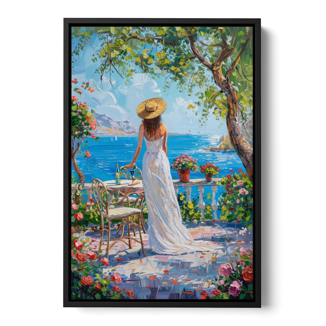 Figurative Painting of a Woman in White - Black Framed Canvas Wall Art - Front